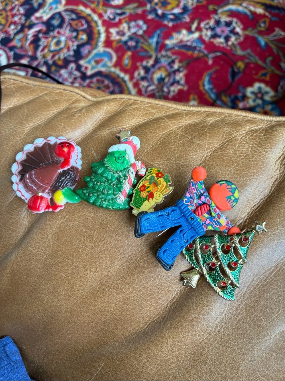 Vintage Multicolored Holiday Brooch Set - Red, Green, Blue, Gold Accents